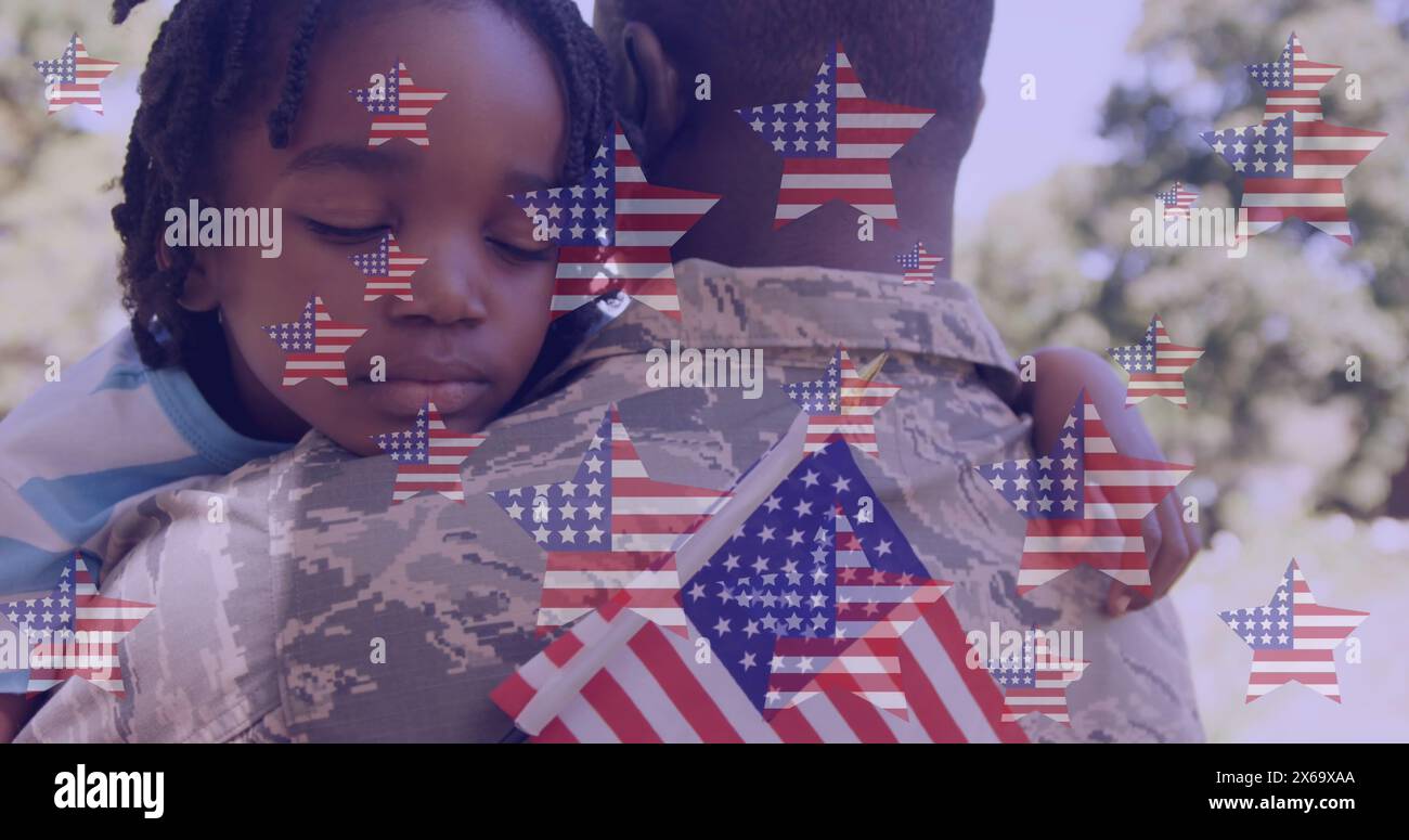 Image of stars with usa flags over african american soldier father hugging daughter Stock Photo