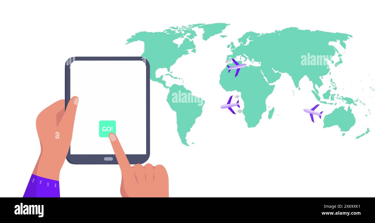 Using tablet animation social media - Image Of World Map Over Hands Using Tablet 2X69XK1