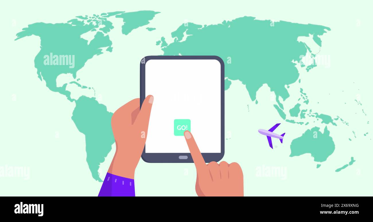Using tablet animation social media - Image Of World Map Over Hands Using Tablet 2X69XNG