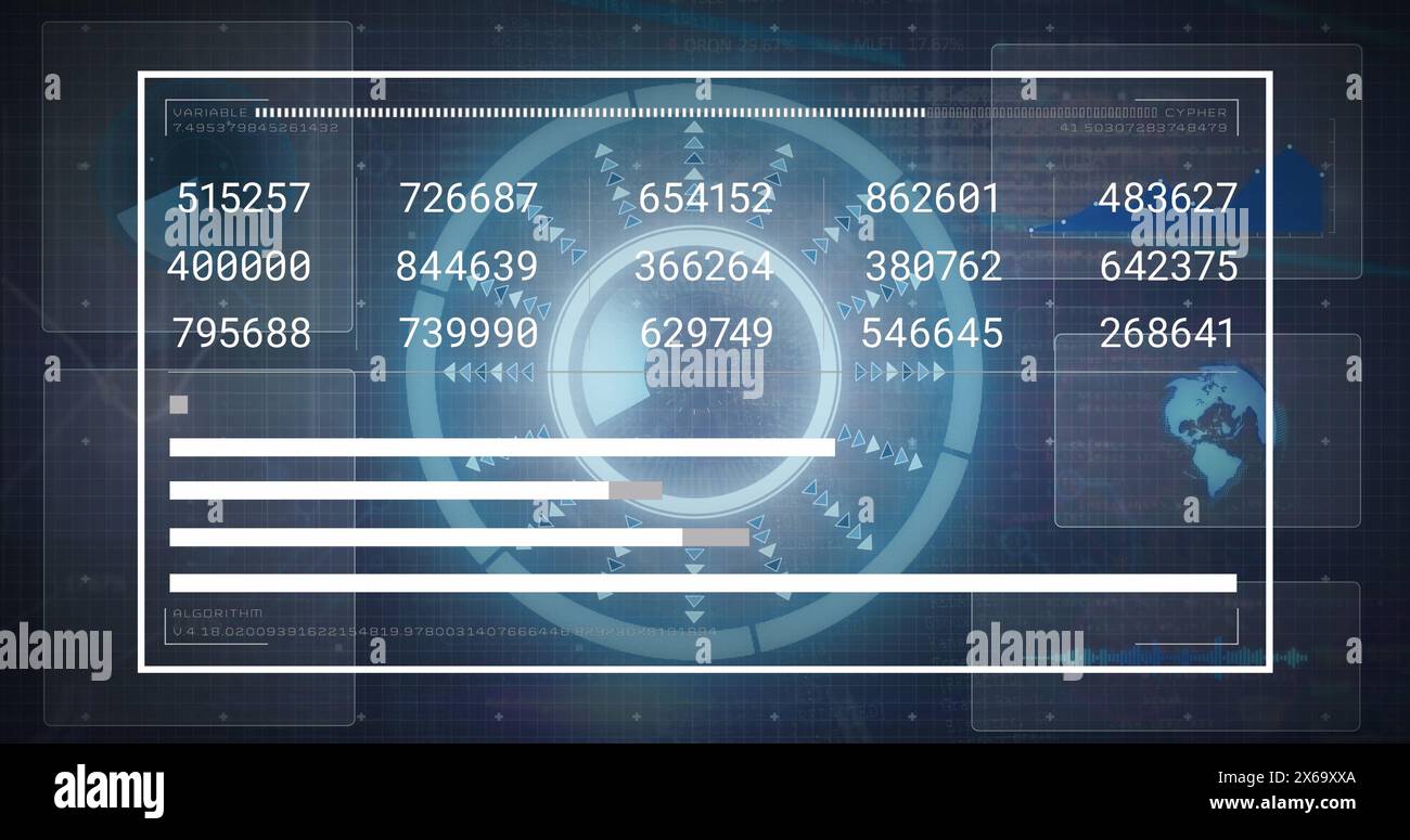 Image of statistical data processing over round scanner and screens with data processing Stock Photo