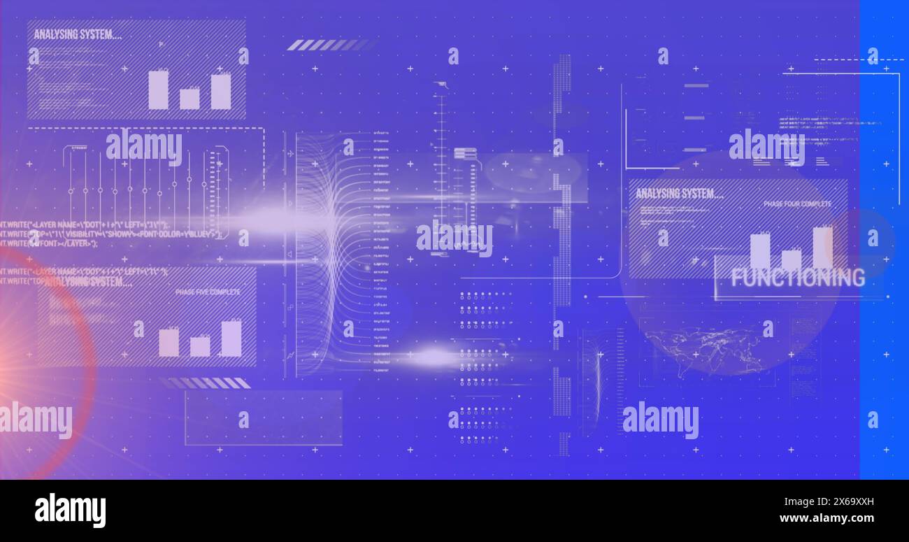 Image of data processing and light trails on blue background Stock Photo