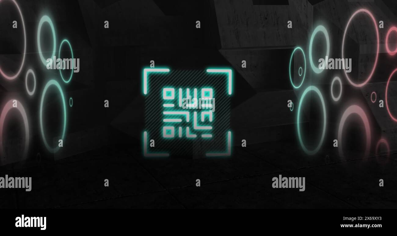 Image of blinking qr code and circles over stone abstract structure in background Stock Photo