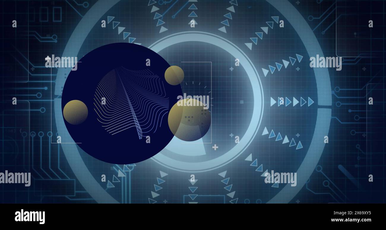 Image of shapes over data processing with scope scanning on black background Stock Photo