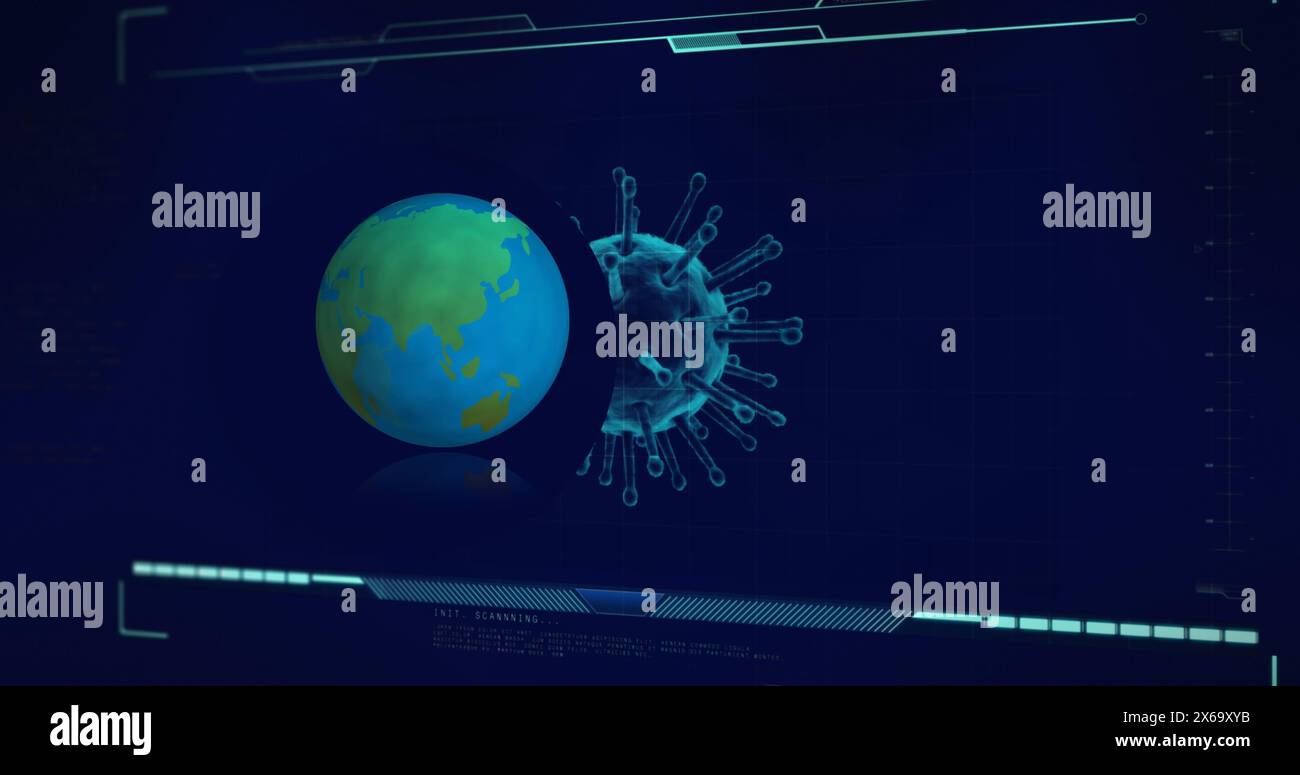 Image of globe over data processing with virus cell on black background Stock Photo