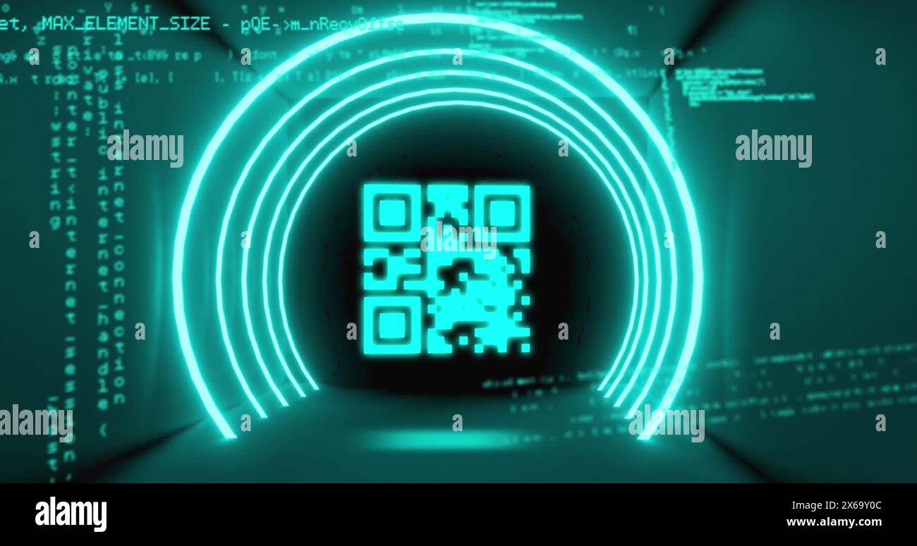 Image of qr code in illuminated circular tunnel over programming language Stock Photo