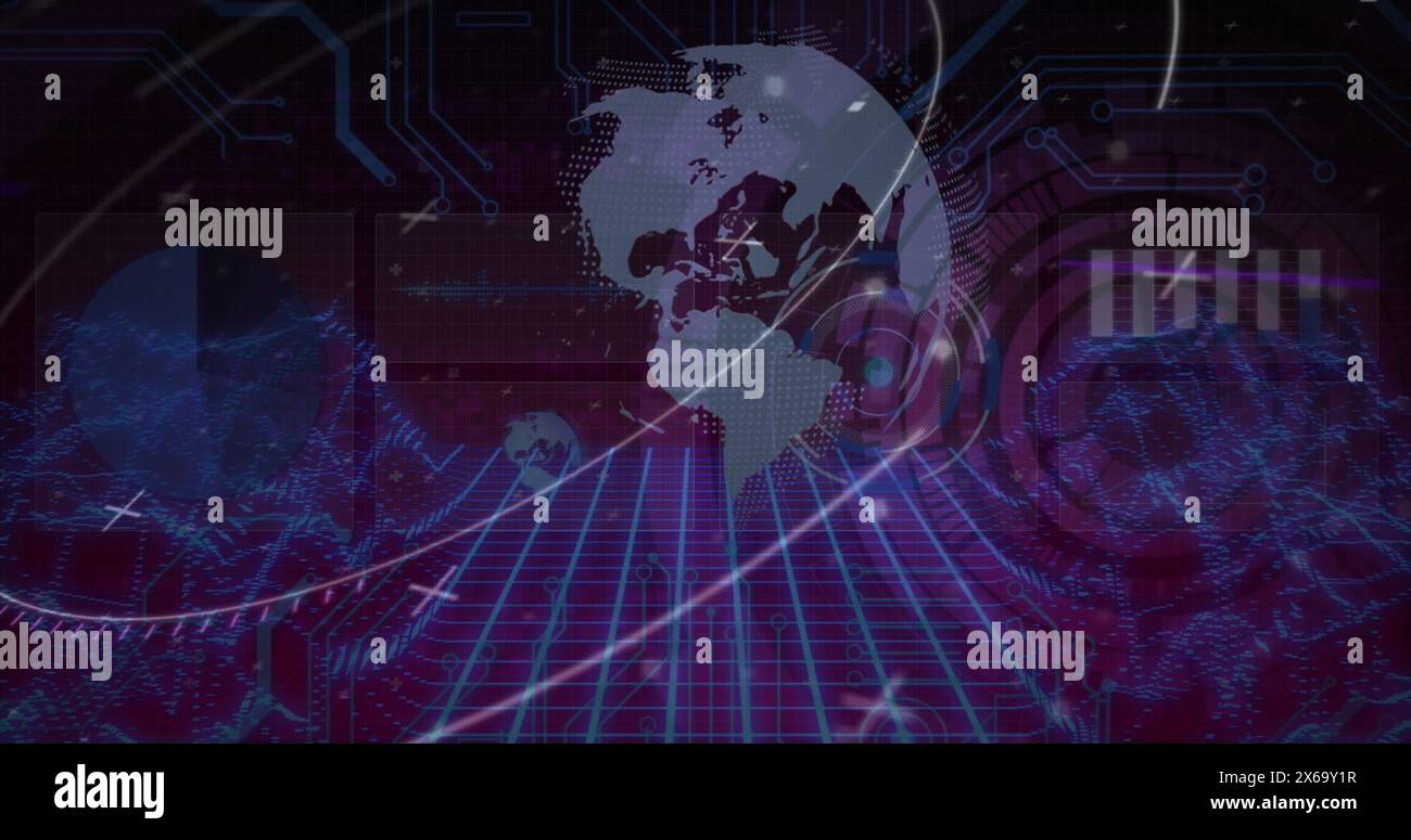 Image of scope scanning over data processing and globe on black background Stock Photo