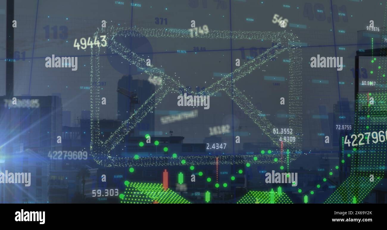 Image of envelope icon over data processing and cityscape Stock Photo