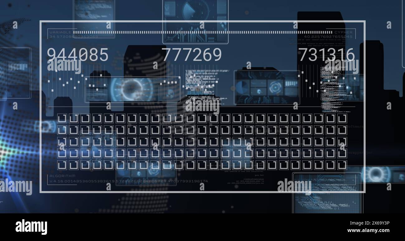 The image features image of data processing with a spinning globe in the background Stock Photo
