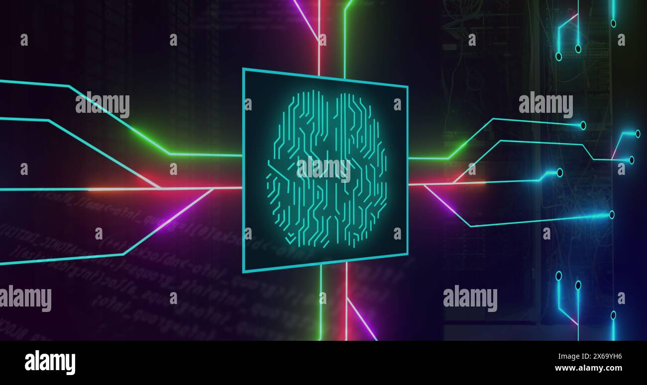 Image of circuit board pattern around brain over computer language against server room Stock Photo