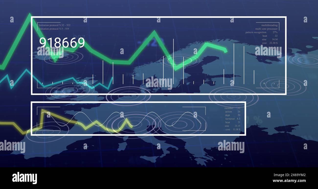 Image of interface with data processing over a world map against blue ...