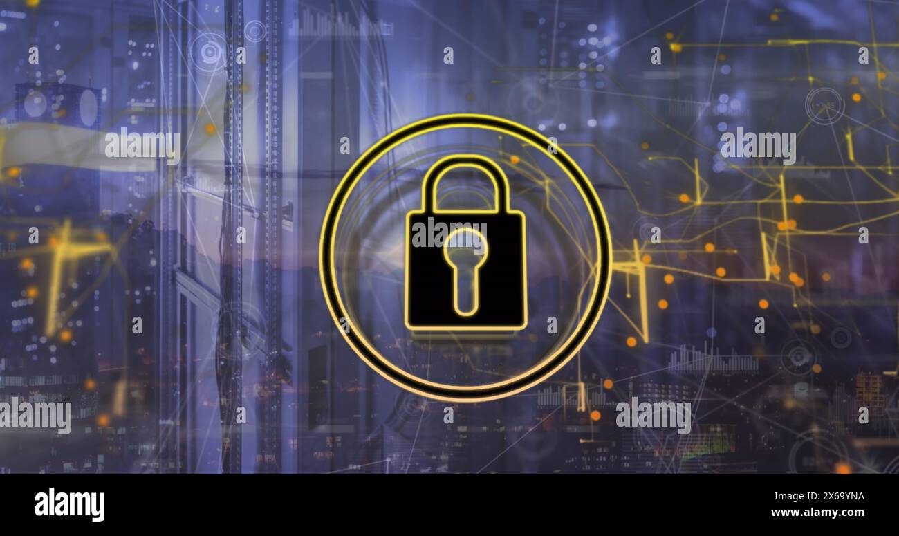 Padlock icon, glowing network and data processing over computer servers Stock Photo
