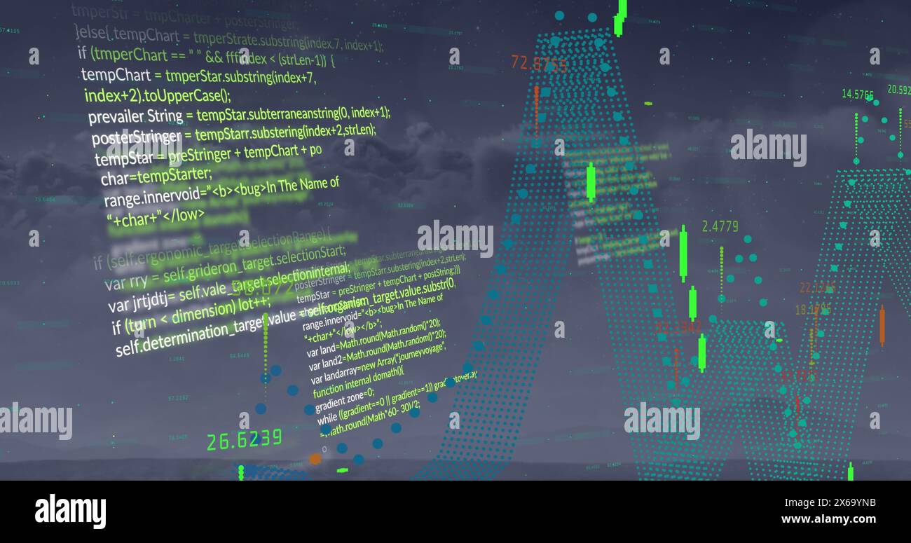 Image of financial data processing against dark clouds in the sky Stock Photo