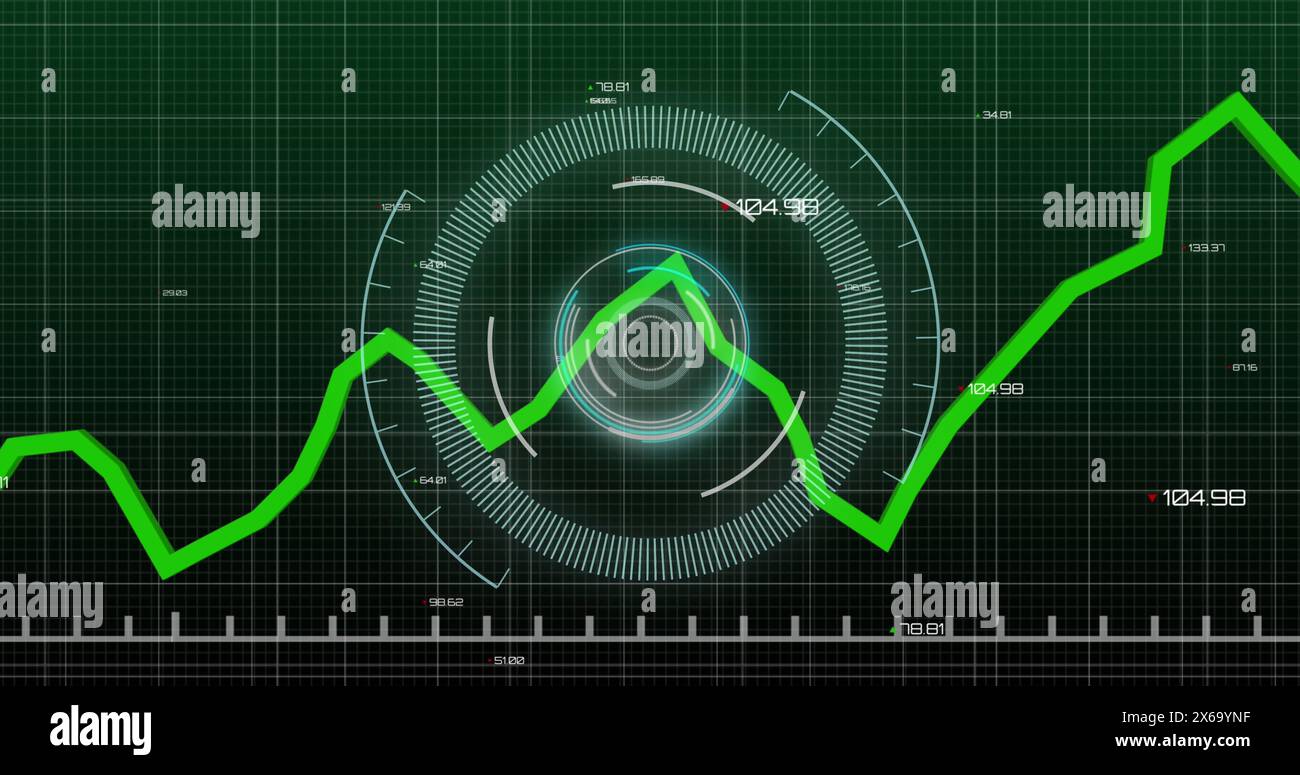 Image of neon round scanner and statistical data processing against green background Stock Photo