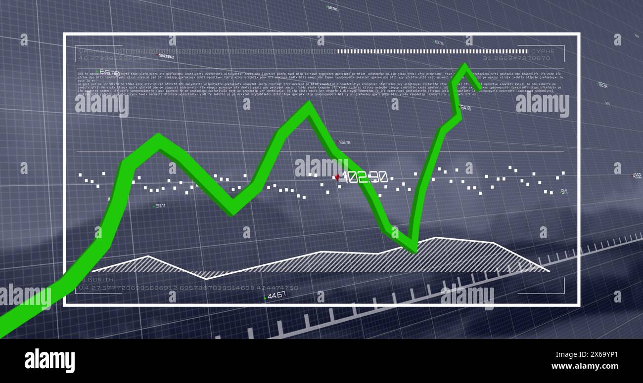 Image of green line and financial data processing over grid Stock Photo