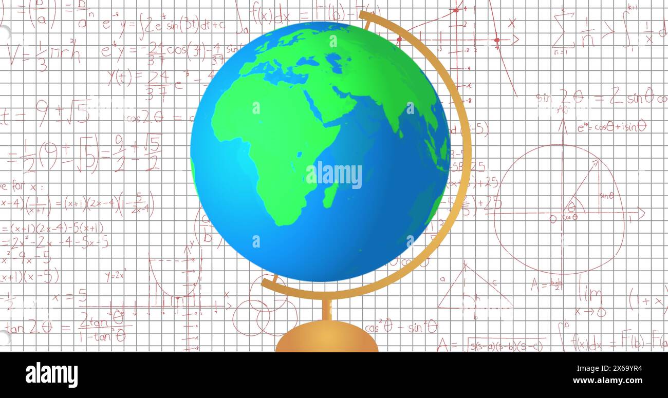 Image of globe model icon and mathematical equations against square ...