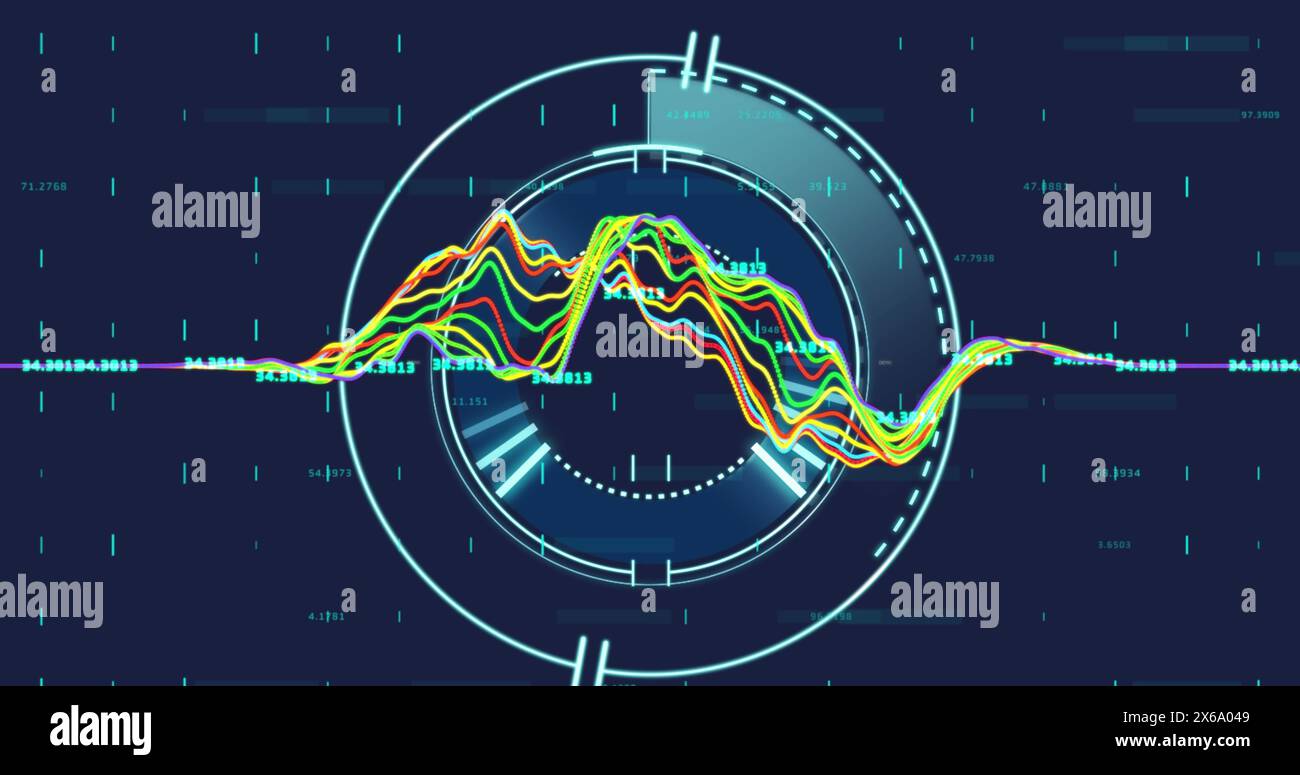 Image of data processing over round scanner against blue background Stock Photo