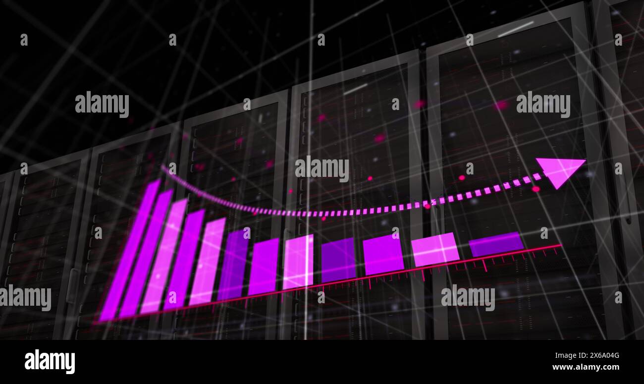 Image of arrow on graph over grid pattern over server system racks in background Stock Photo