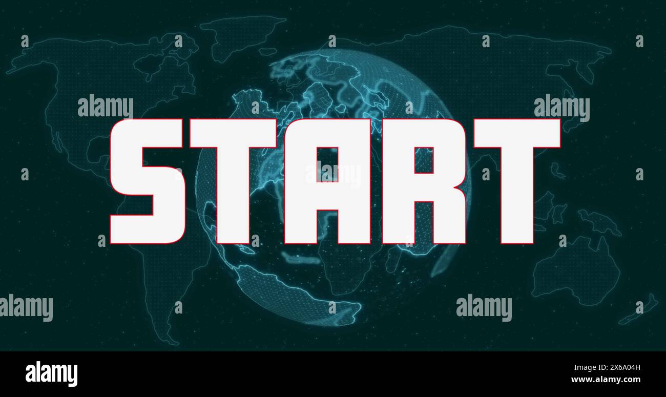 Image of start text banner over spinning globe and world map against green background Stock Photo