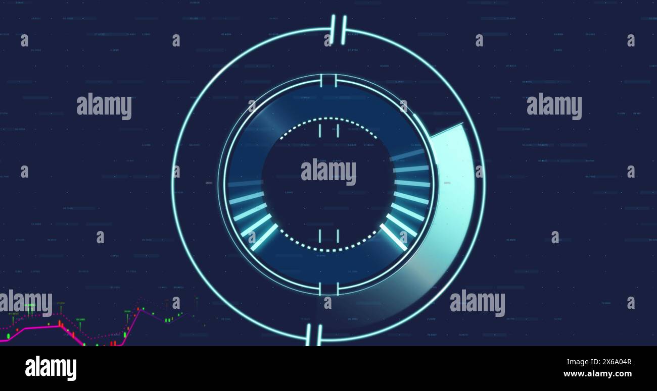 Image of financial data processing over round scanner against blue background Stock Photo