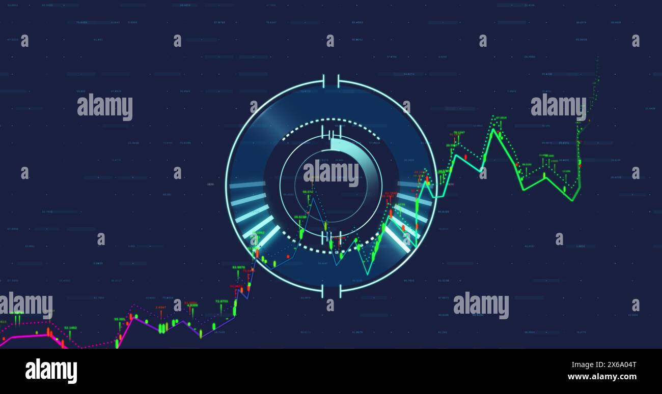 Image of financial data processing over round scanner against blue background Stock Photo