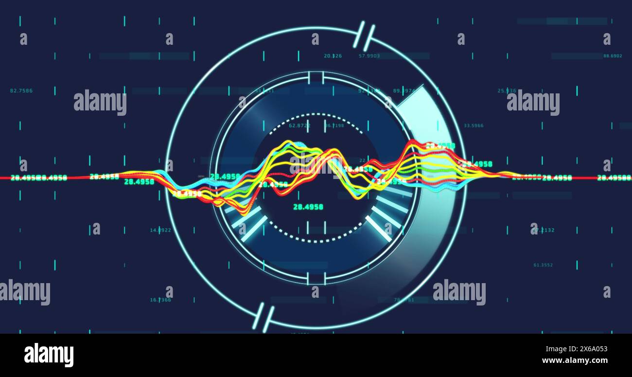 Image of data processing over round scanner against blue background Stock Photo