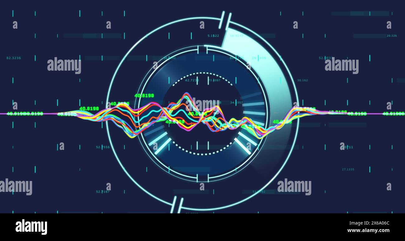 Image of data processing over round scanner against blue background Stock Photo