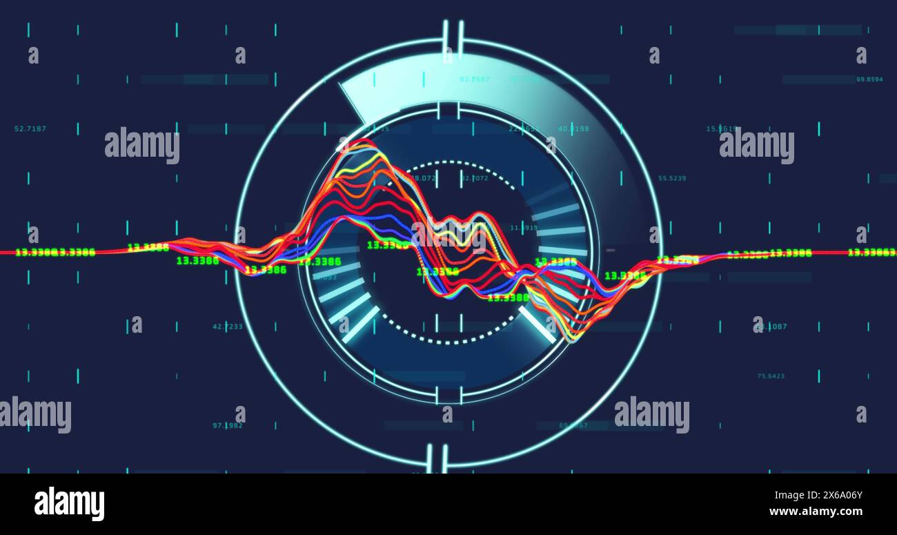 Image of data processing over round scanner against blue background Stock Photo