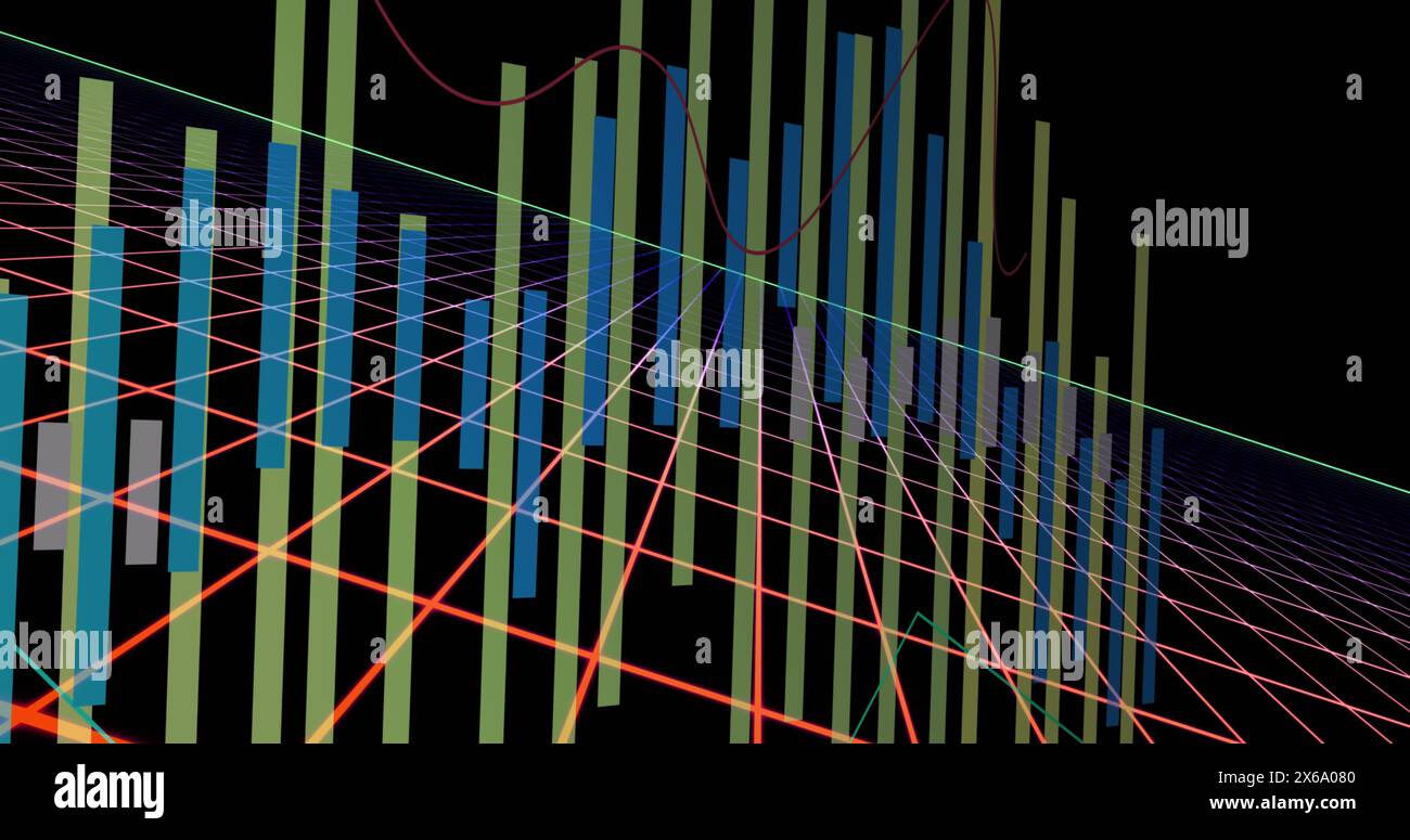 Image of multicolored graphs over grid pattern against black background ...