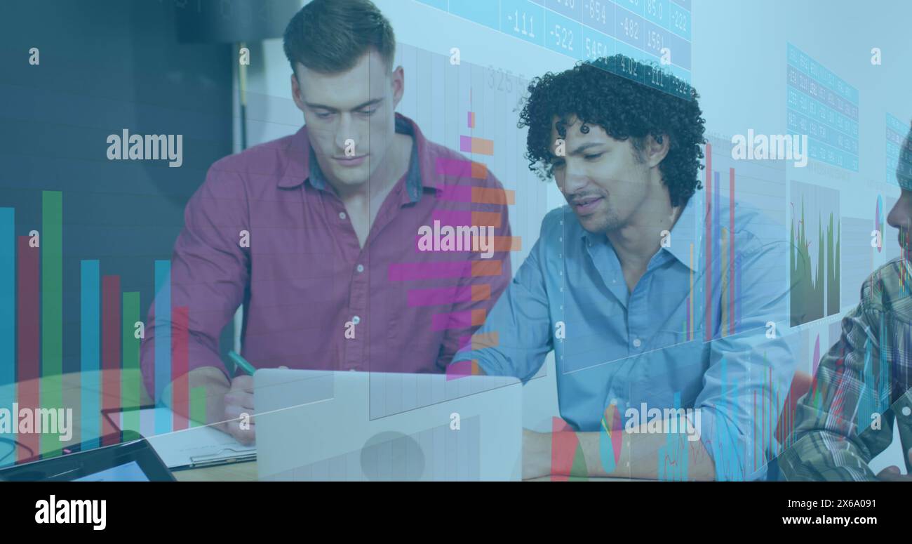 Image of multicolored graphs and number charts, diverse coworkers ...