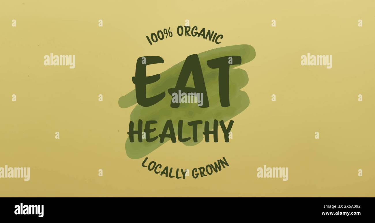 Yellow background displaying bright green text promoting healthy eating Stock Photo