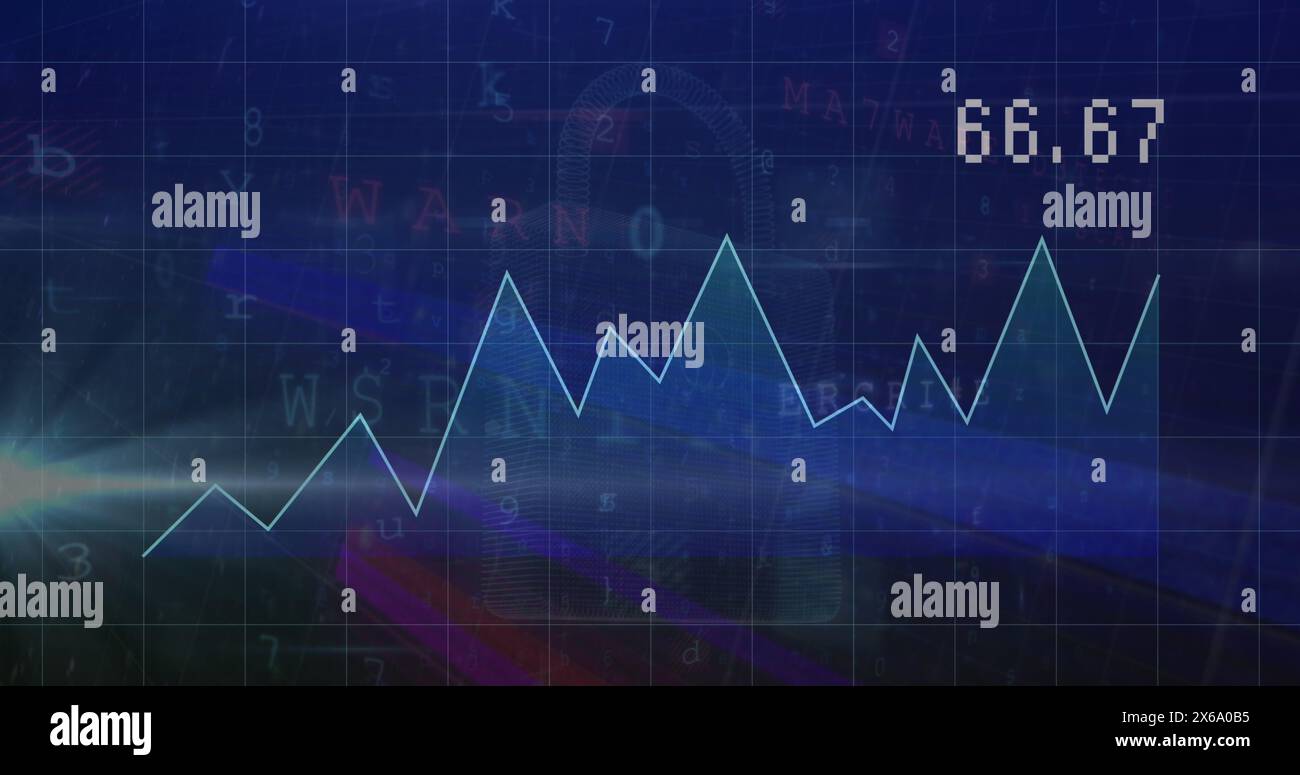 Blue and purple hues dominating background, numbers and graphs overlaying Stock Photo