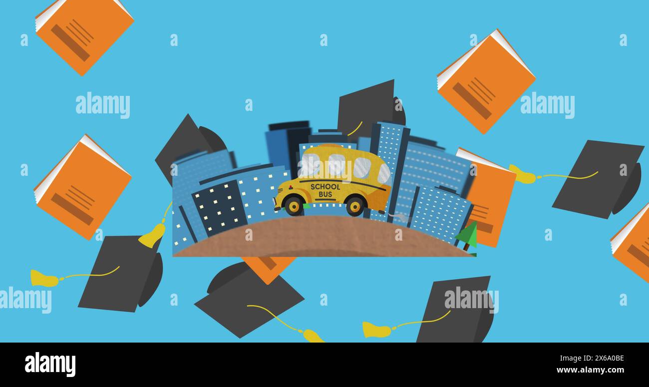Graduation hat and book icons falling over school bus icon against blue background Stock Photo