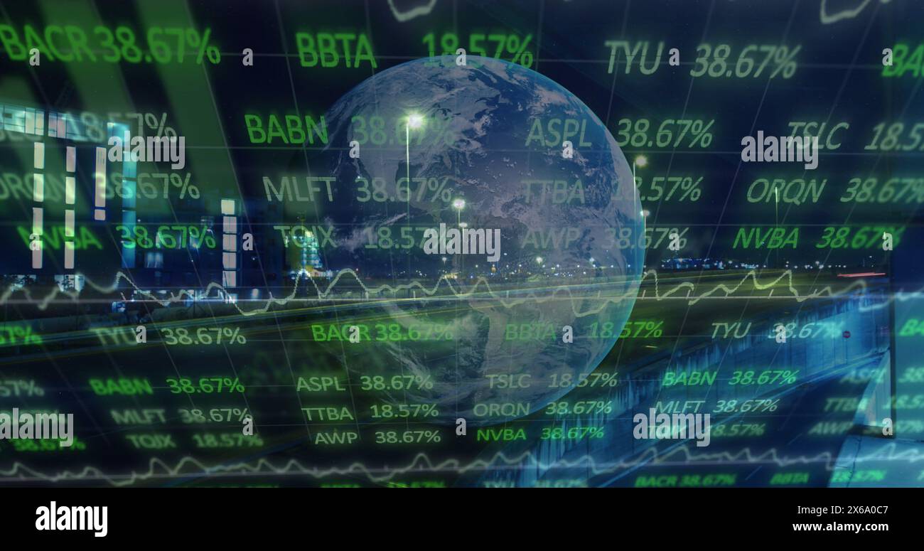 Image of statistics and financial data processing over globe and cityscape Stock Photo