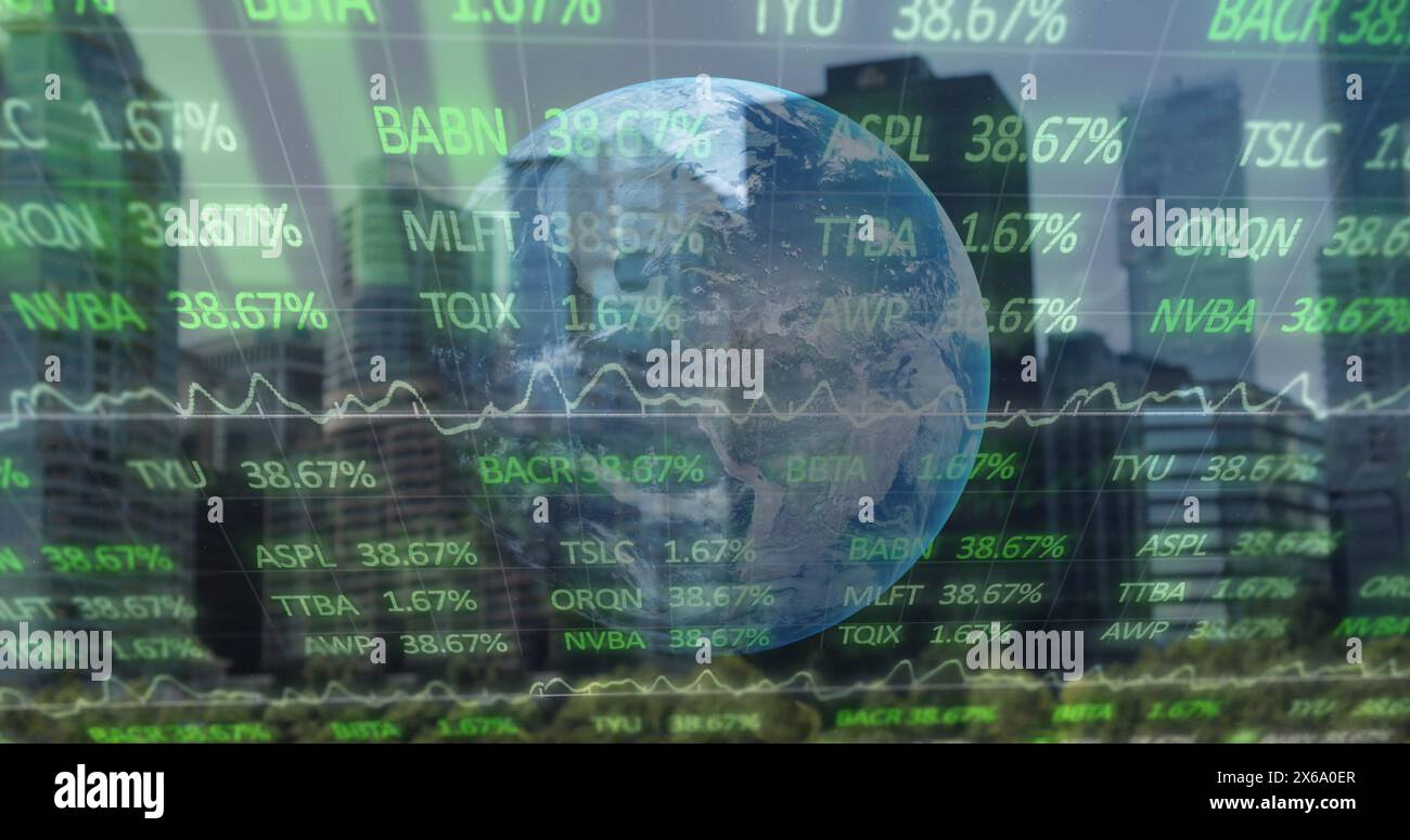 Image of statistics and financial data processing over globe and cityscape Stock Photo