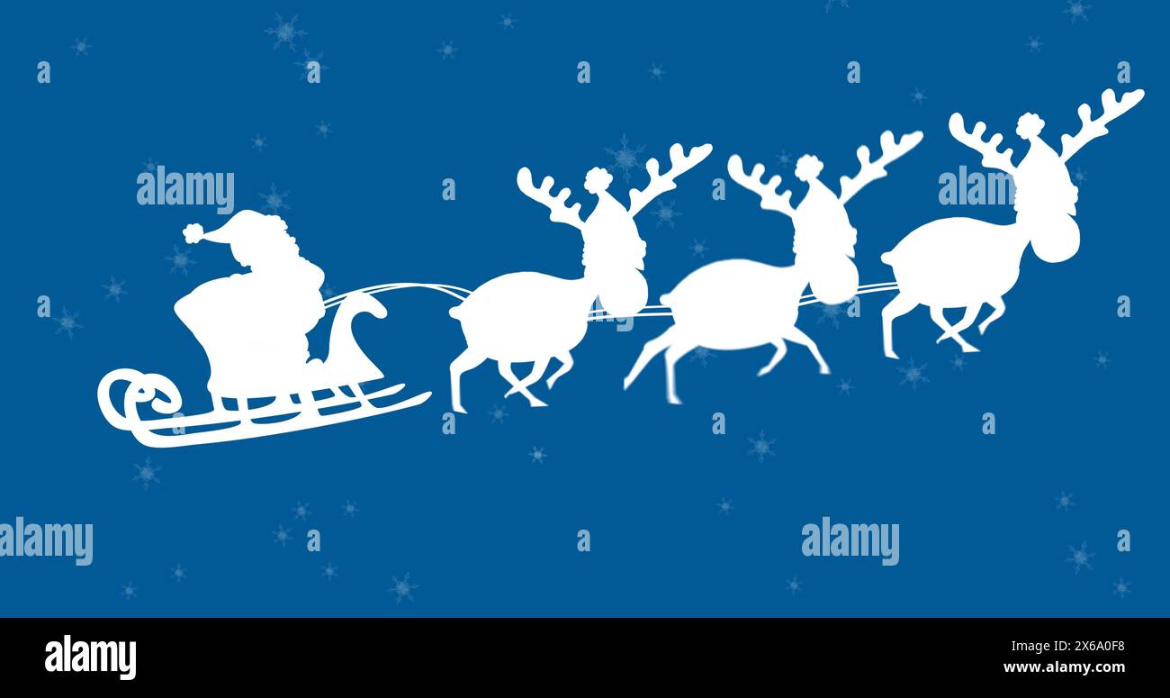 Image of falling snow over santa claus in sleigh with reindeer Stock ...