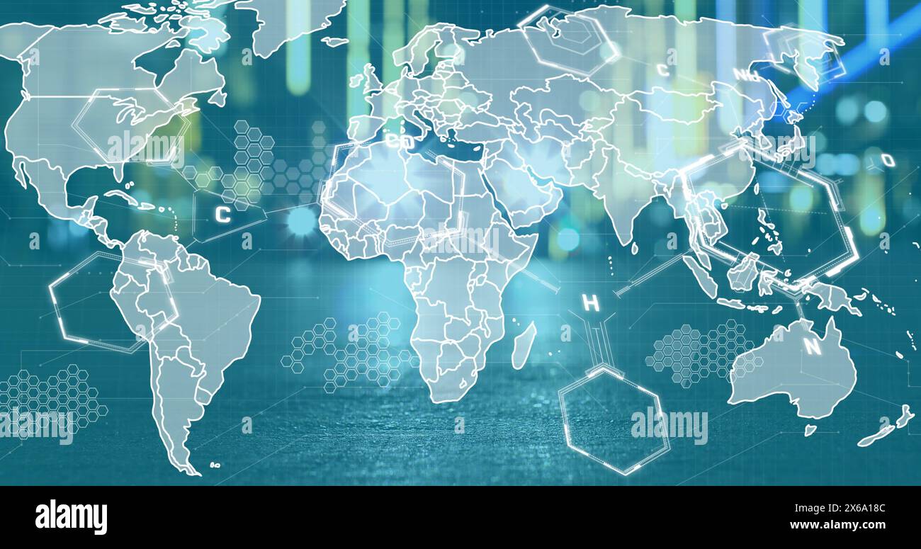 Graphs world map animation over - Image Of Graphs And Chemical Formulas Over World Map And Green Background 2X6A18C