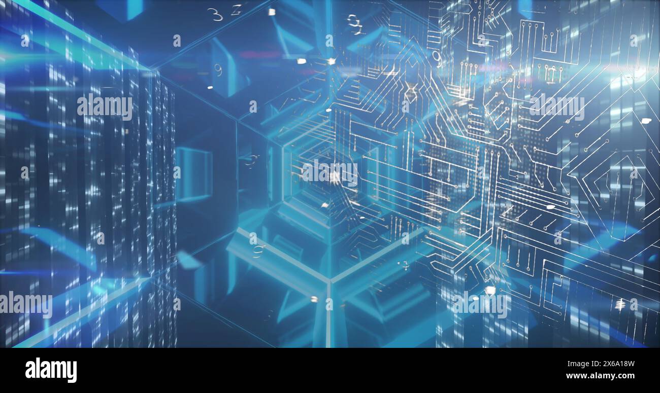 Image of data processing and shapes on blue background Stock Photo