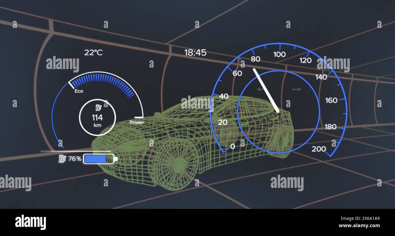 Image of 3d car model and speedometer over dark background Stock Photo ...