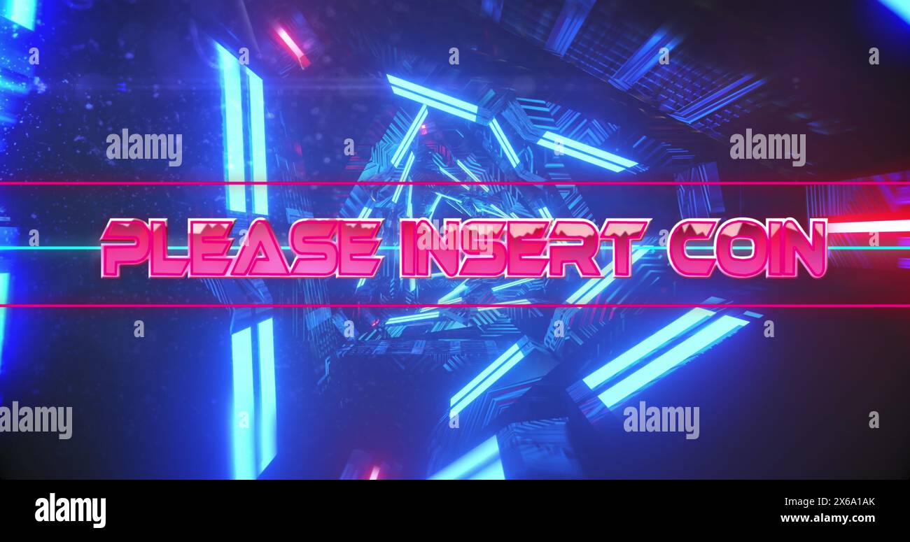 Image of please insert coin text banner over neon blue tunnel in seamless pattern Stock Photo