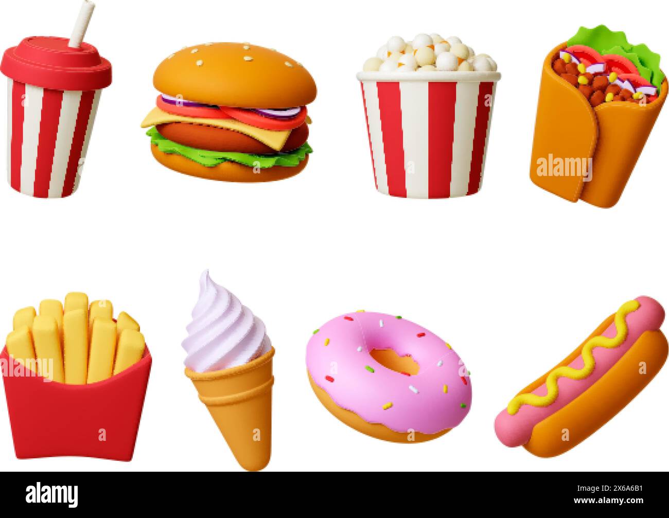 Food 3d icons. Drink, burger donut and ice cream cone. Render realistic hot dog and arabian vegan wrap. Fast meals, desserts, pithy isolated vector Stock Vector