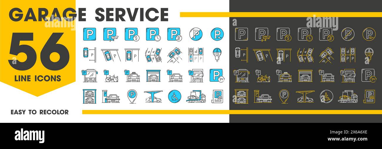 Automatic garage service and parking icons. Line symbols of vector car park slots with bike, bicycle, auto, bus and truck vehicles. Public transport parking area sign, garage lift, ticket, map pointer Stock Vector