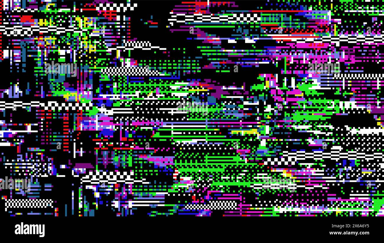 Retro pixel glitch background of TV screen with color noise pixels, abstract vector texture. Broken TV screen digital error or VHS video and retro television distortion signal on glitch noise screen Stock Vector