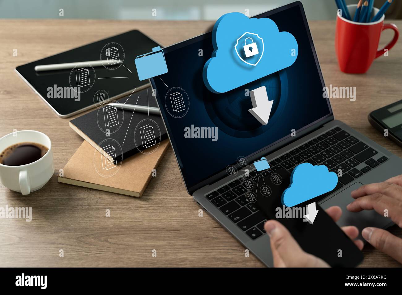 Backup concept Business Transfer files receiver and computer backup copy to Database storage cloud technology Stock Photo