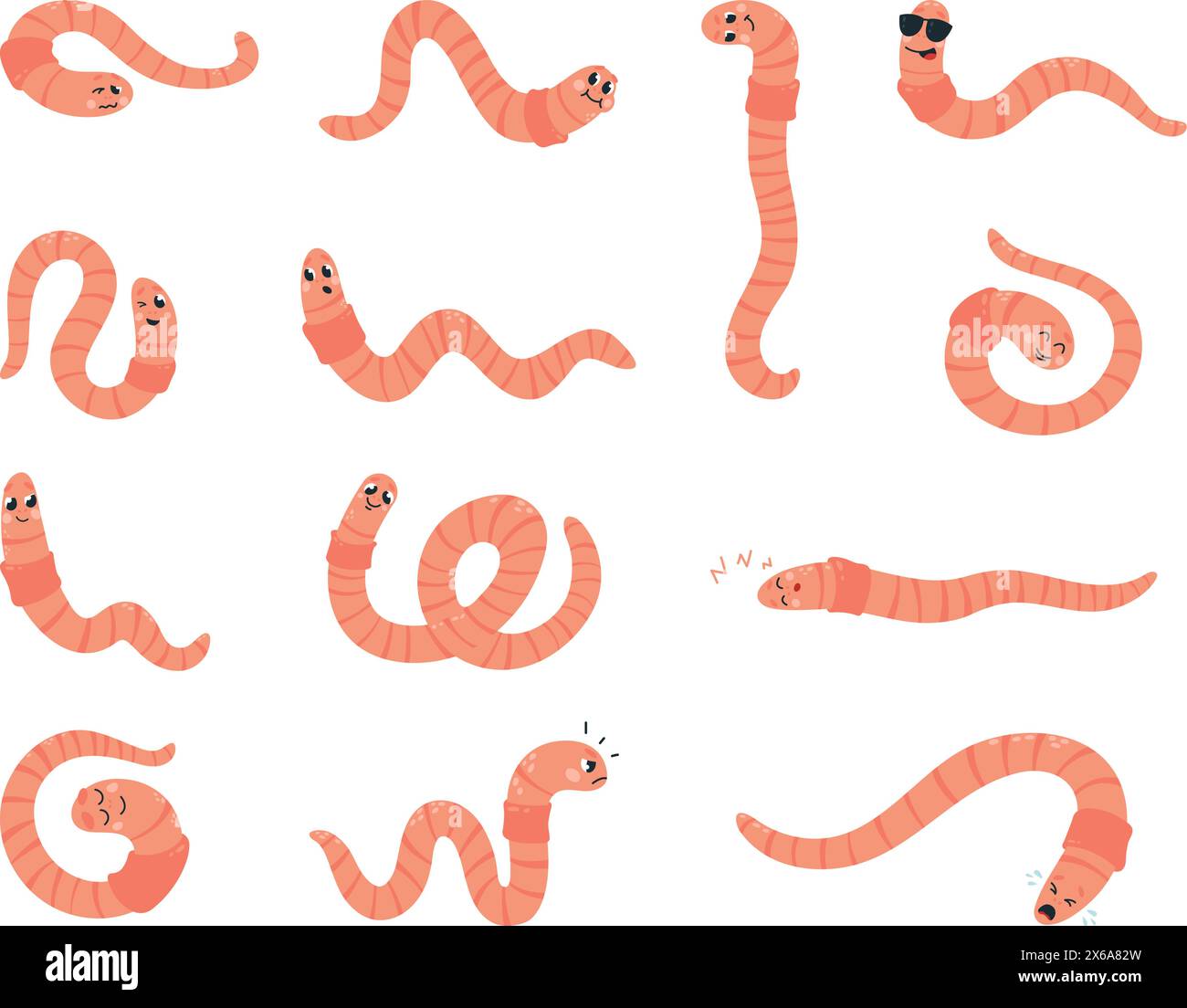 Cartoon worms characters. Earthworms mascots, worm creeping, sleeping and smiling. Funny insects with big eyes, crawlers classy vector set Stock Vector