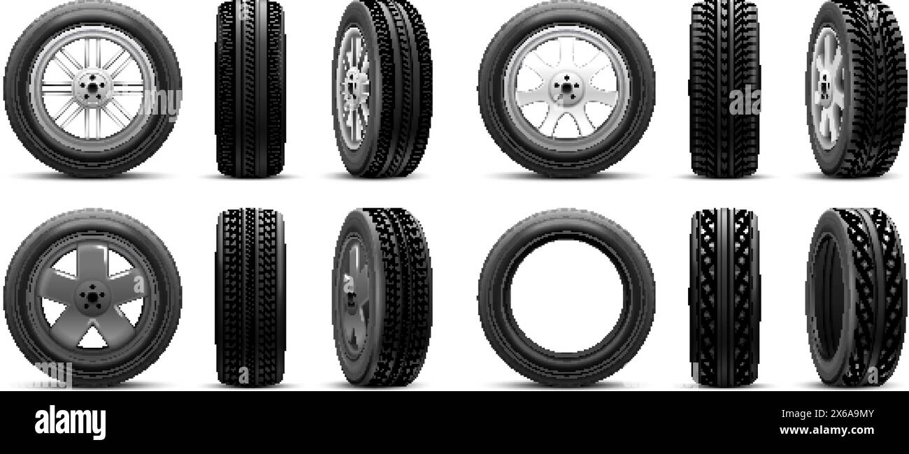 Realistic tires. 3d tires winter or summer car wheels, rubber tire with