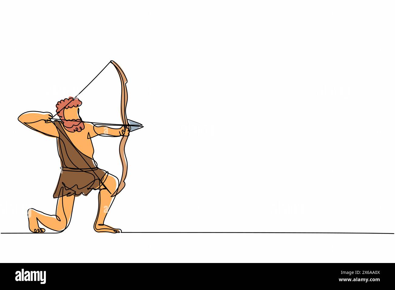 Single continuous line drawing primitive man hunt animal. Stone age hunter hunting ancient animal with bow arrow, caveman of prehistoric period with w Stock Vector