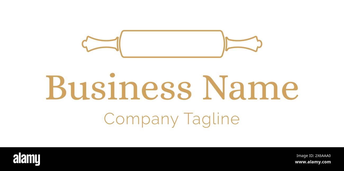 Outline Thin Bakery Logo with Rolling Pin or Dough Roller Stock Vector
