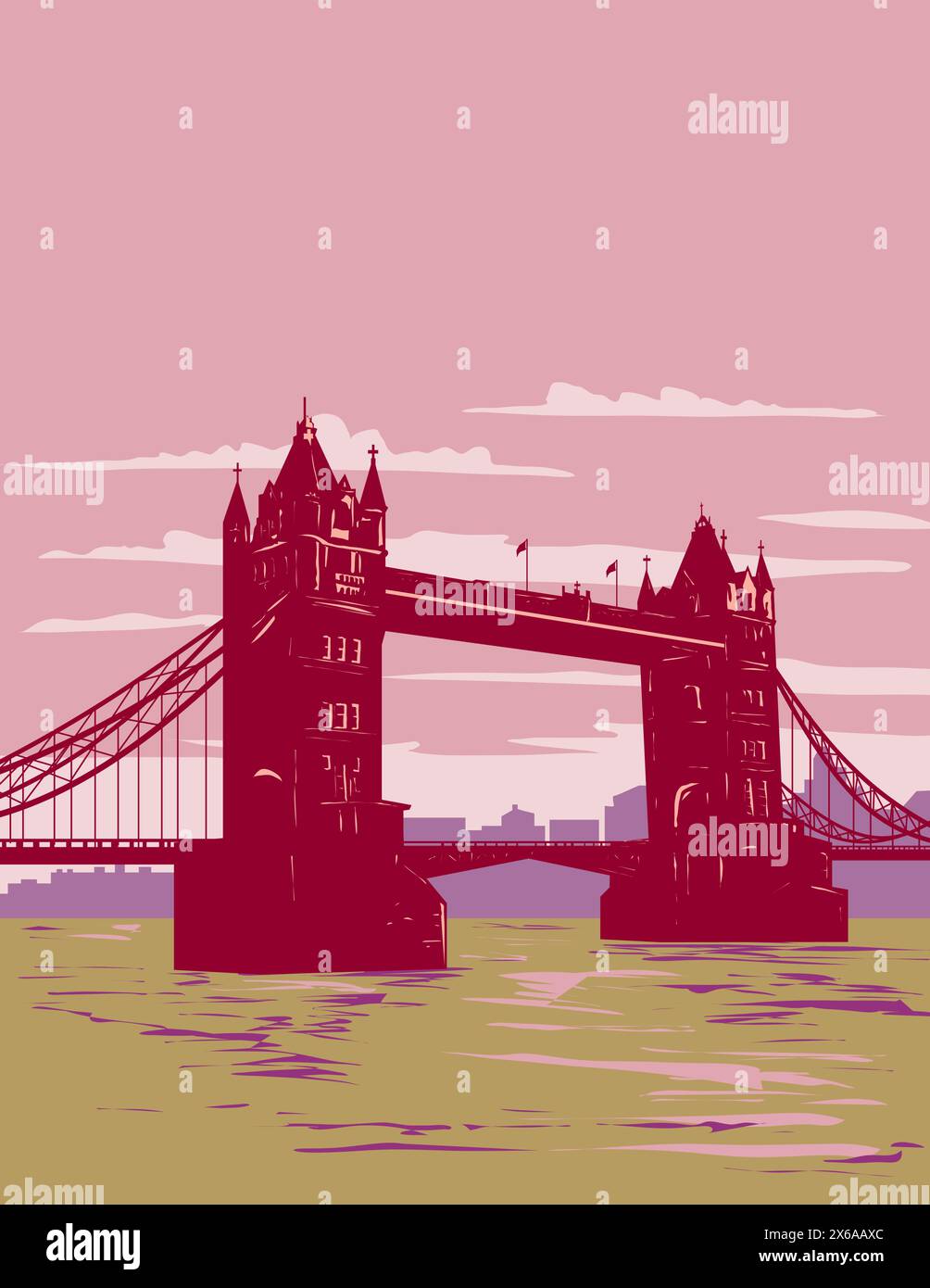 WPA poster art of Tower Bridge from Shad Thames along the south side of the River Thames in London, England UK done in works project administration or Stock Vector