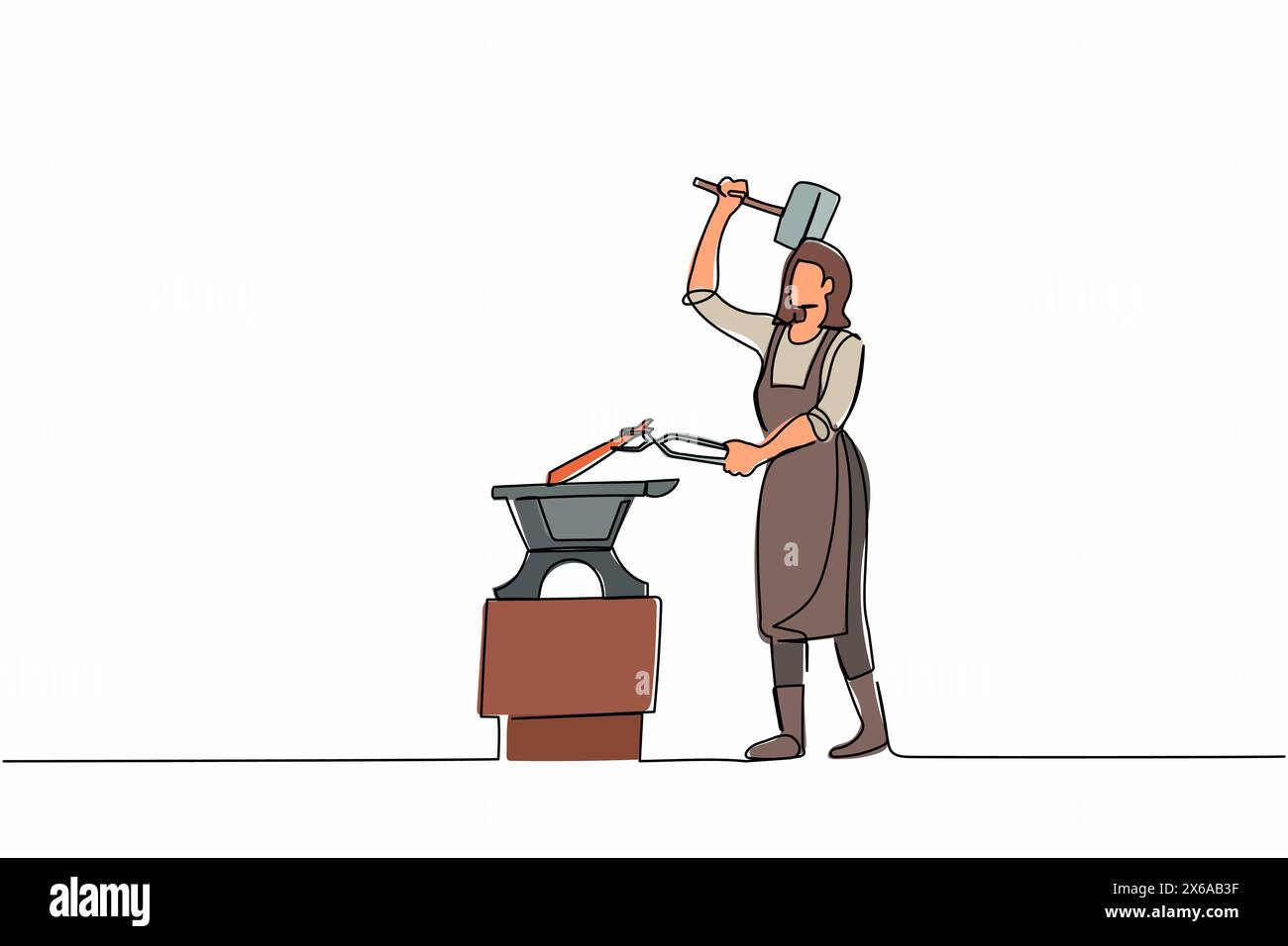 Single continuous line drawing active female blacksmith in apron forging blade on anvil. Woman metal worker with hammer and anvil create small sword. Stock Vector