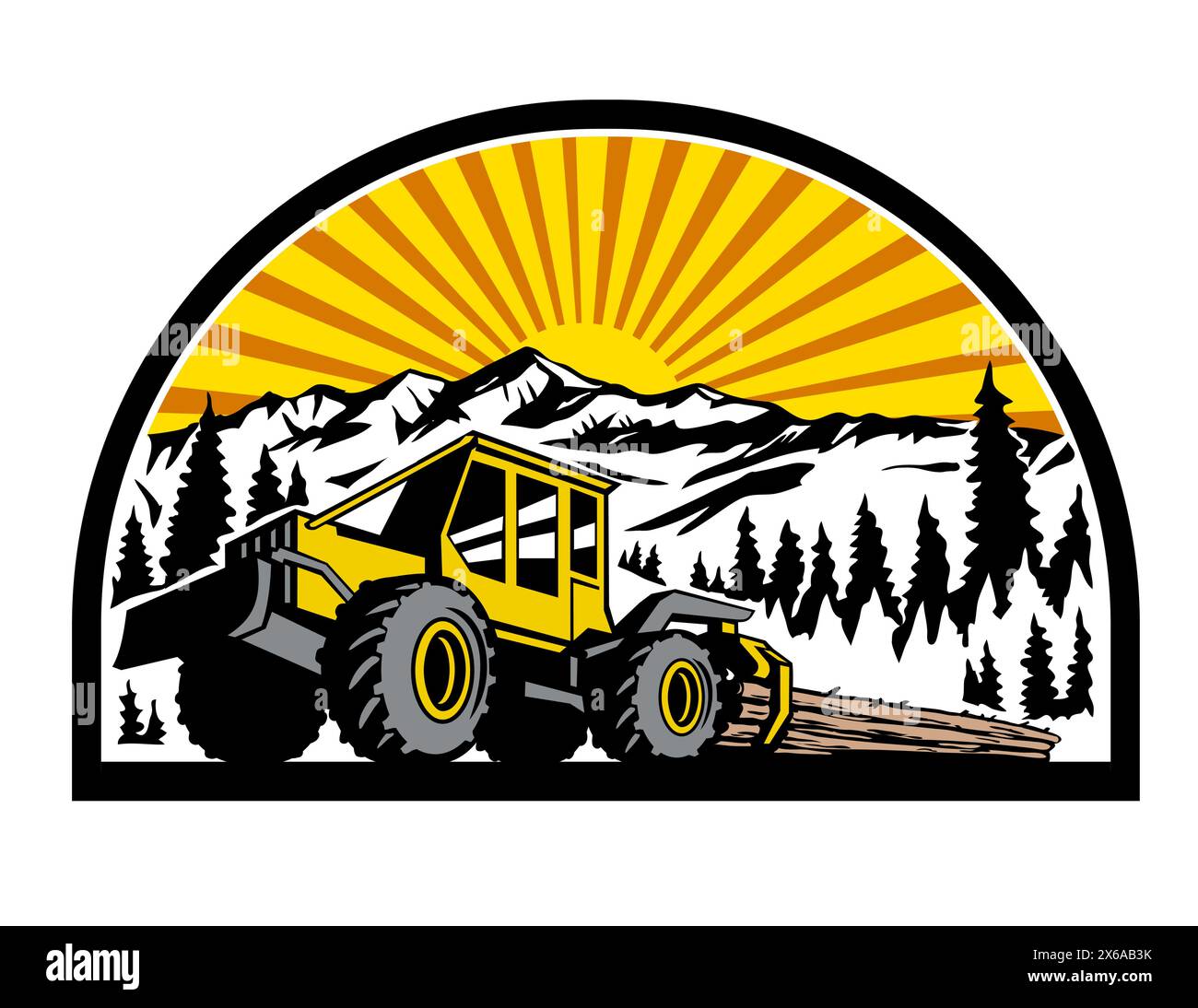 Retro style illustration of a cable skidder pulling a tree behind it with mountains, trees and forest and sunburst in the background set inside half c Stock Vector